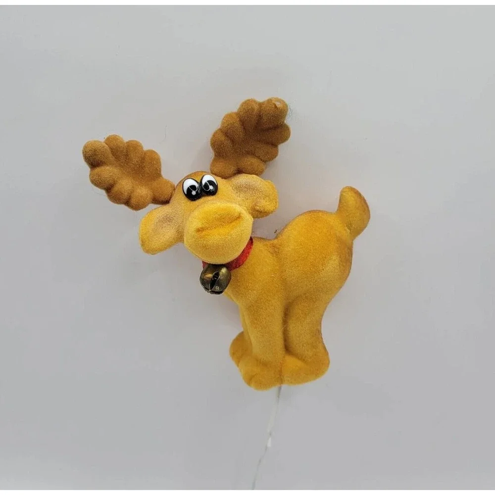 Vintage Brown Flocked Moose Reindeer Floral Pick Figurine